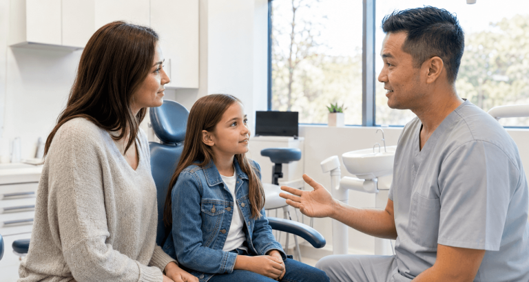 Parent and child speaking with a dentist about family dental care in Georgetown.