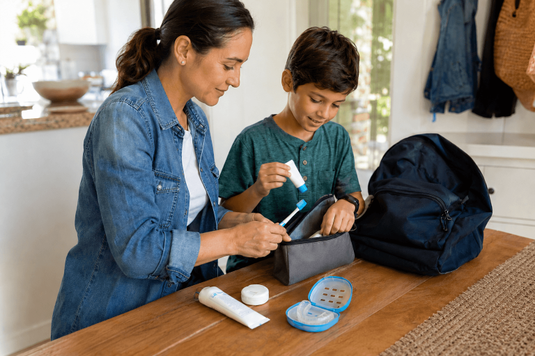 Parent and school-age child packing a toothbrush, toothpaste and sports mouthguard beside a backpack for the school year.