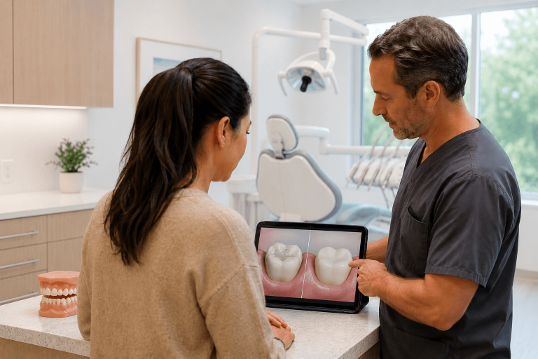 Dentist discussing filling and crown restoration options with an adult patient using digital tooth models in a dental treatment room.
