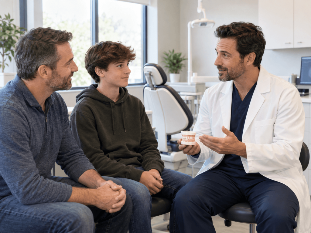 Dentist speaking with a father and teenage son during a family dental consultation.