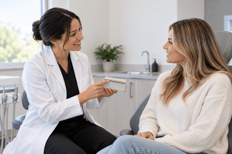 Dental professional showing a tooth shade guide to an adult patient during a teeth whitening consultation.