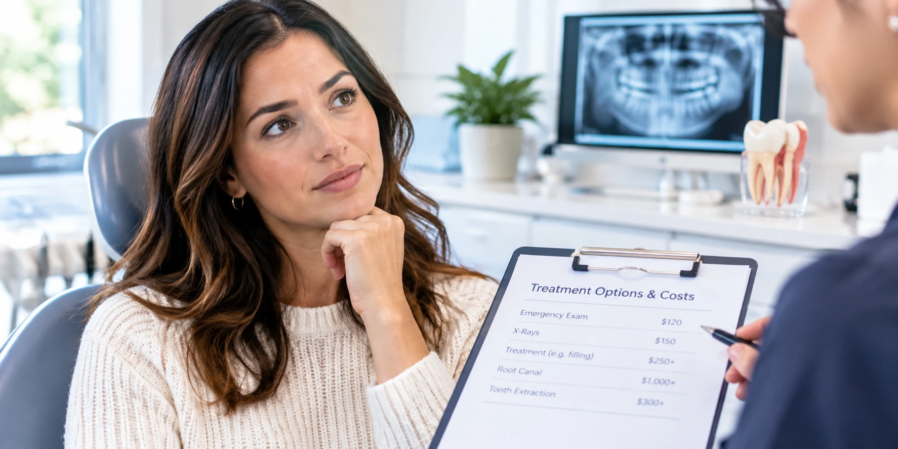 Patient discussing emergency dental care costs and treatment options with a dental professional in Georgetown